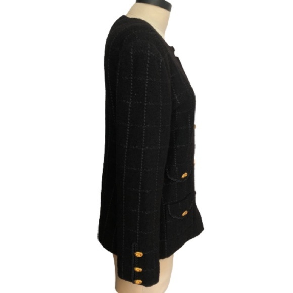 Vtg Military Academia Window Pane Textured Knit Black Gold Knit Blazer - Picture 9 of 16